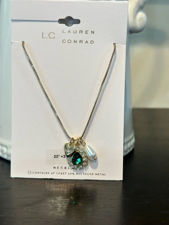 LC Lauren Conrad Gold Necklace with Emerald Teardrop, Pearl and Heart Charms - Picture 2 of 3